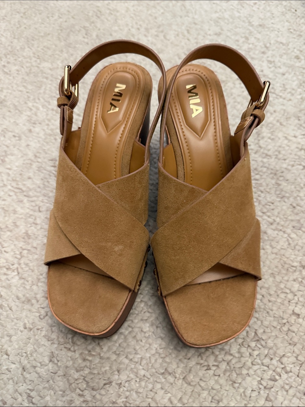 MIA Cognac Suede Crisscross Slingback Heels